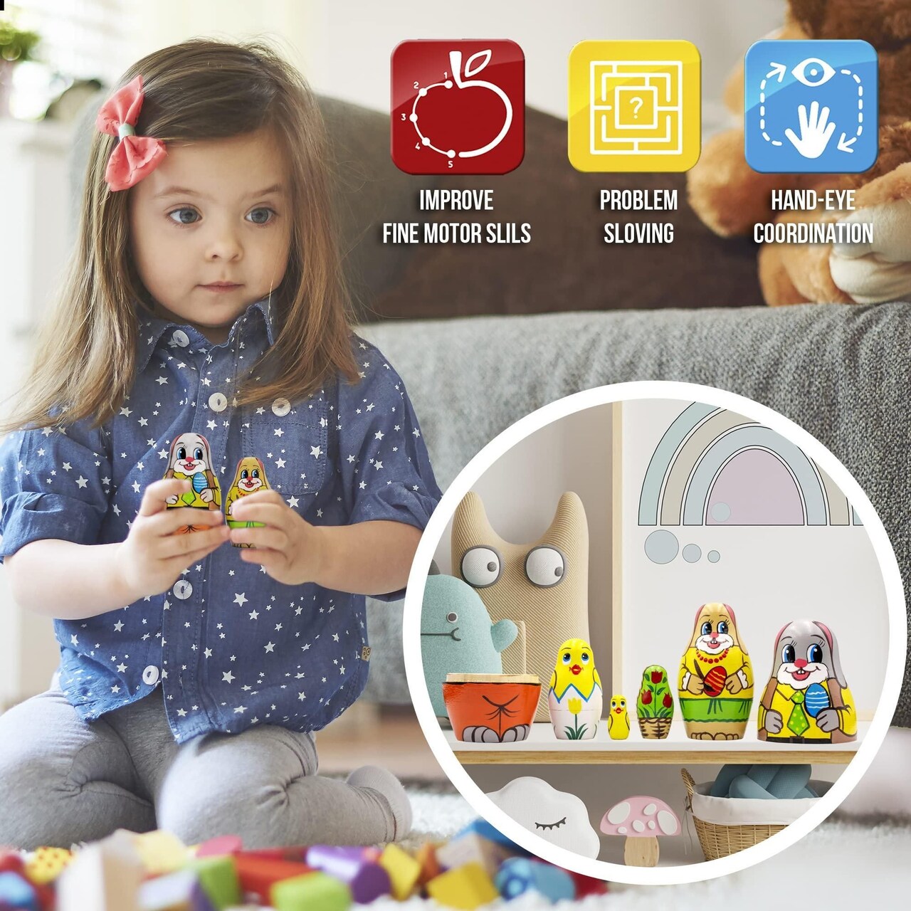 Aevvv - Easter Wooden Cartoon Bunny Decorations Gifts, Handmade Russian Matryoshka Stacking Nesting Dolls Set -5 pcs